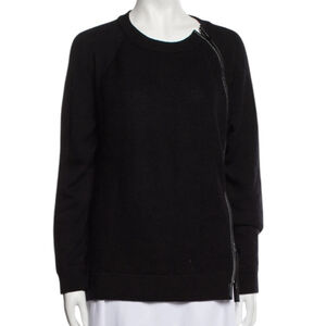 VINCE Crew Neck Sweater with Full Length Zip & Leather Trim, Black, S